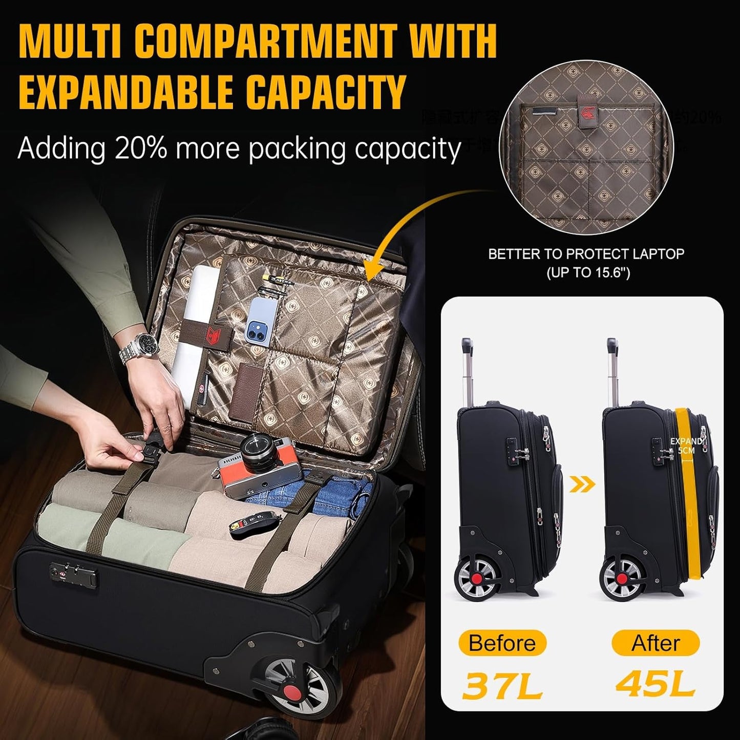 Laduga Softside Expandable Luggage with Large Steel Wheels Carry-On Luggage Suicase (Black, 21-Inch)