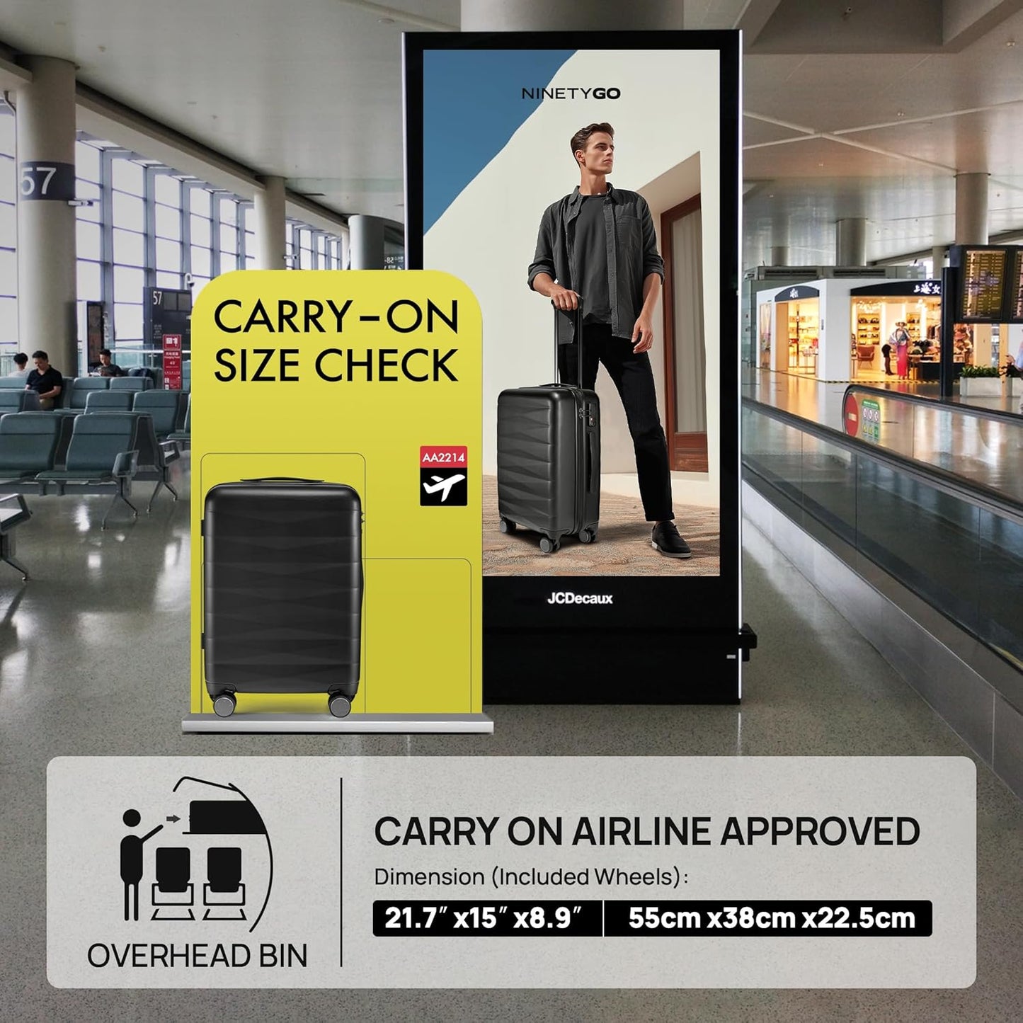 NINETYGO Carry On Luggage 22x14x9 Airline Approved, Small Suitcase with Smooth Double Spinner Wheels, Hard Shell PC Luggage Carry-On, Lightweight Travel Luggage, TSA Approved (Black, B1)