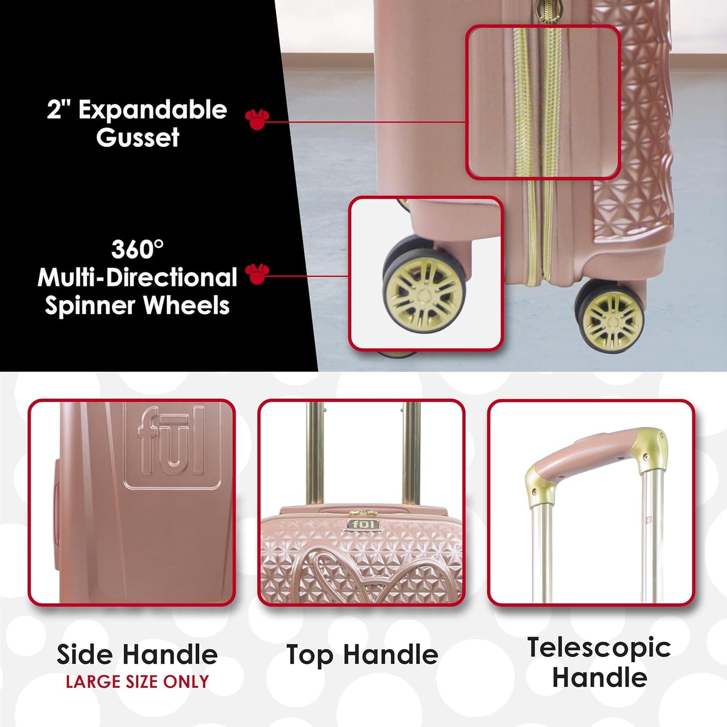 FUL Disney Rolling Luggage, Textured Hardshell Suitcase with Wheels, Minnie Mouse-Rose Gold, 3 Piece Set