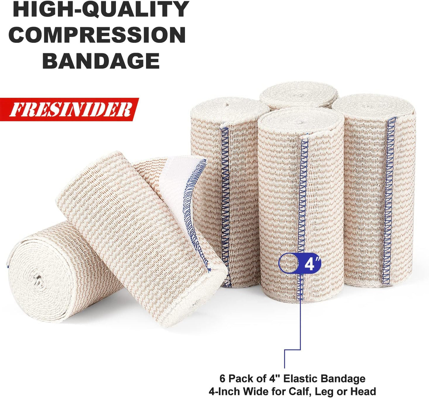 FRESINIDER Premium Elastic Bandage Wrap, 6 Pack 4" Cotton Latex Free Compression Bandage Wrap with Touch Closure at Both Ends, Support & First Aid for Sports, Medical, and Injury Recovery