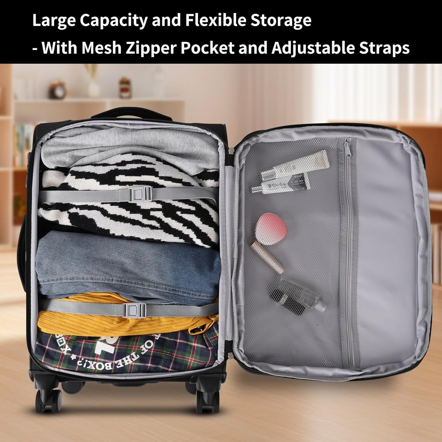3-Piece Softside Expandable Luggage Set with Front Open Pocket, Lightweight and Durable Oxford Fabric Suitcase Set with TSA Lock (Black, 20in/24in/28in)