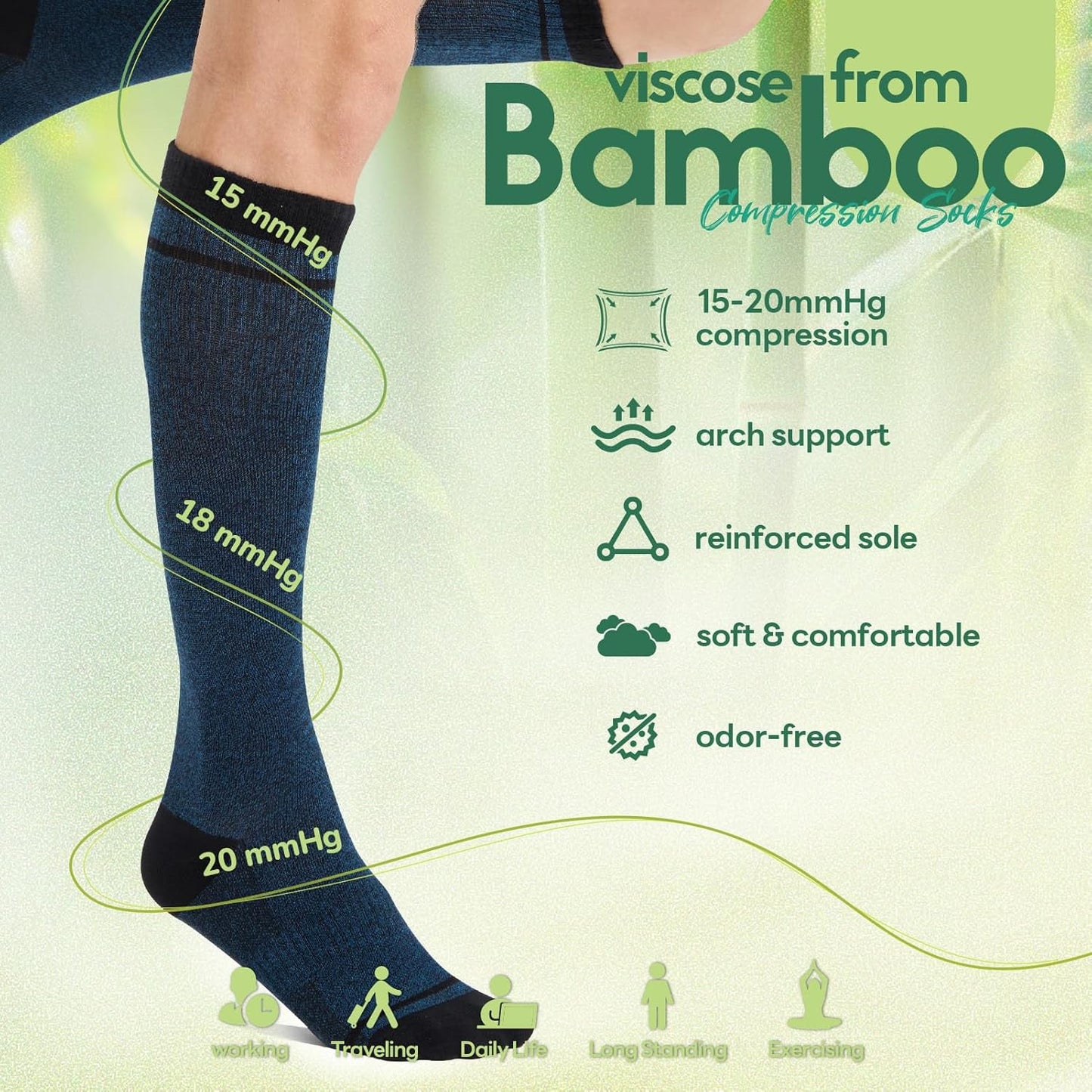 Compression Socks Women & Men, 15-20 mmHg Bamboo Viscose Knee High Soft Support for Flying Travel Daily