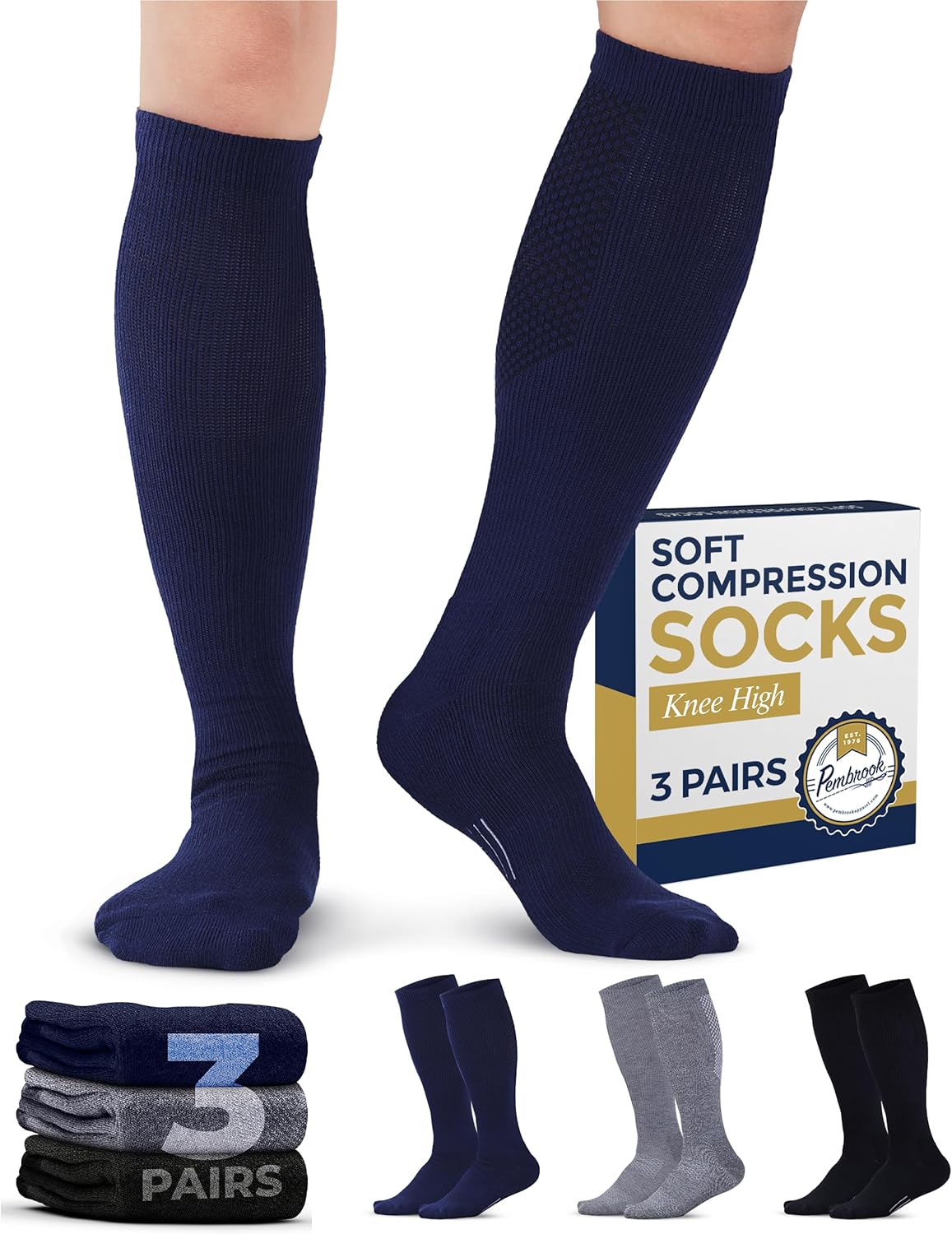 Pembrook Light Compression Socks for Men - 3 Pairs | 8-15 mmhg Compression Dress Socks for Men | Support Socks for Men