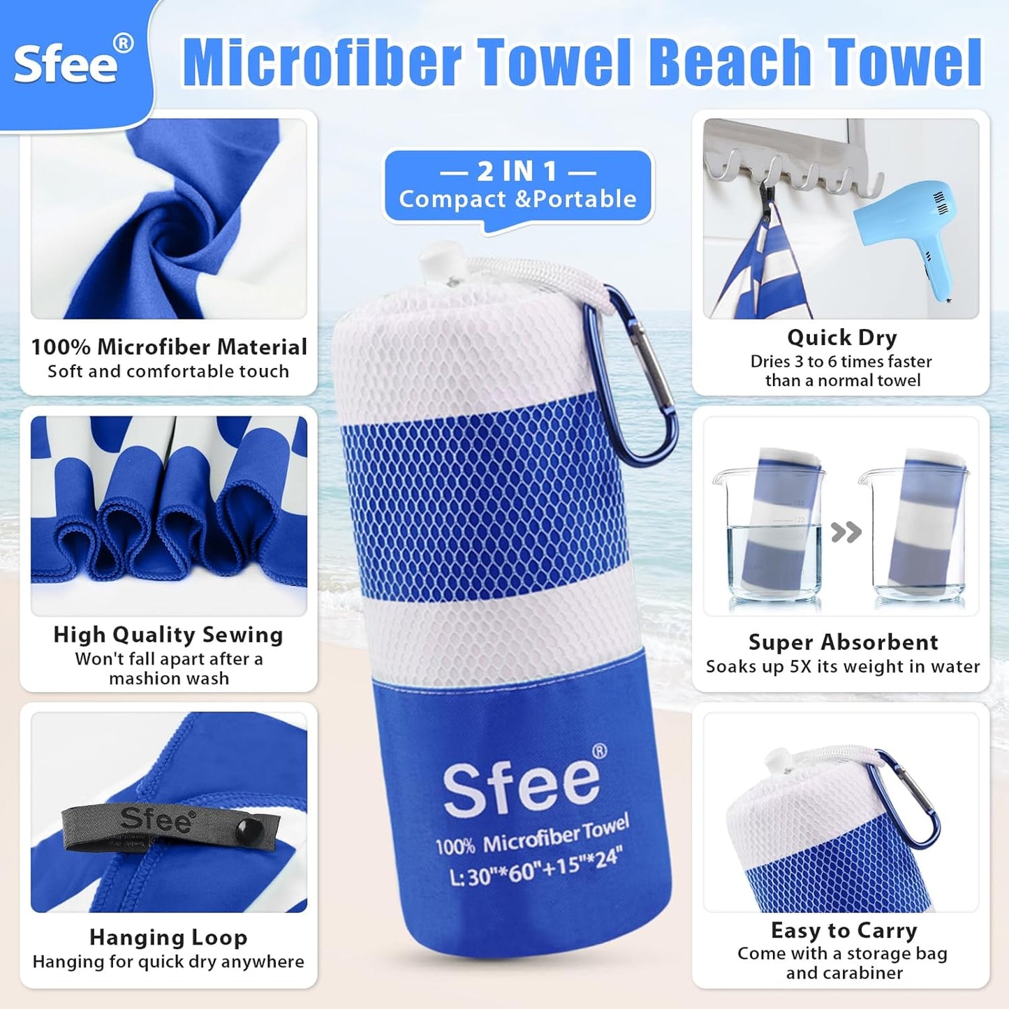 Sfee 2 in 1 Microfiber Beach Towel, Quick Dry Towel Travel Camping Towel Super Absorbent Compact Lightweight Sports Gym Towels Set for Beach, Gym, Hiking, Pool, Backpacking, Bath, Yoga
