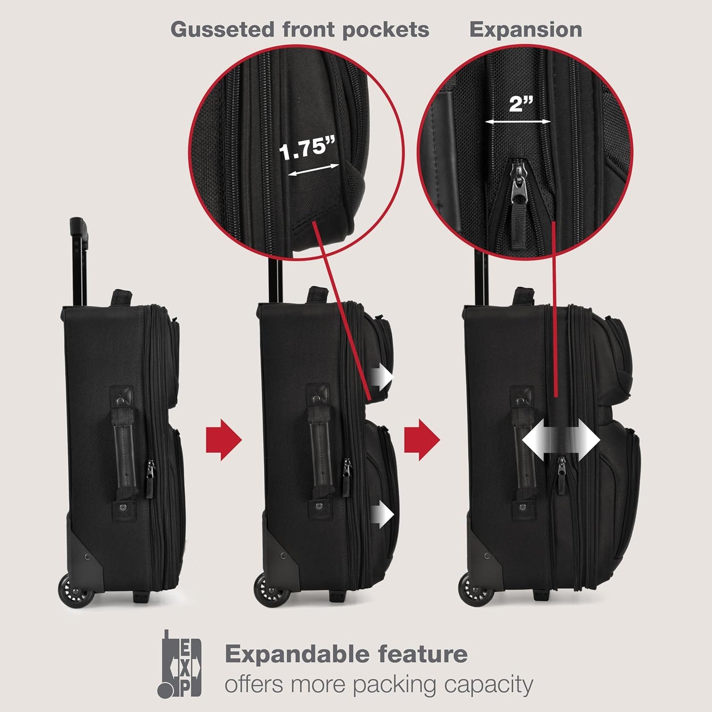 U.S. Traveler, Rio Rugged Fabric Expandable Upright Rolling Carry-on Luggage Set w/ Tote Bag, Black, 2-Piece (21/14)