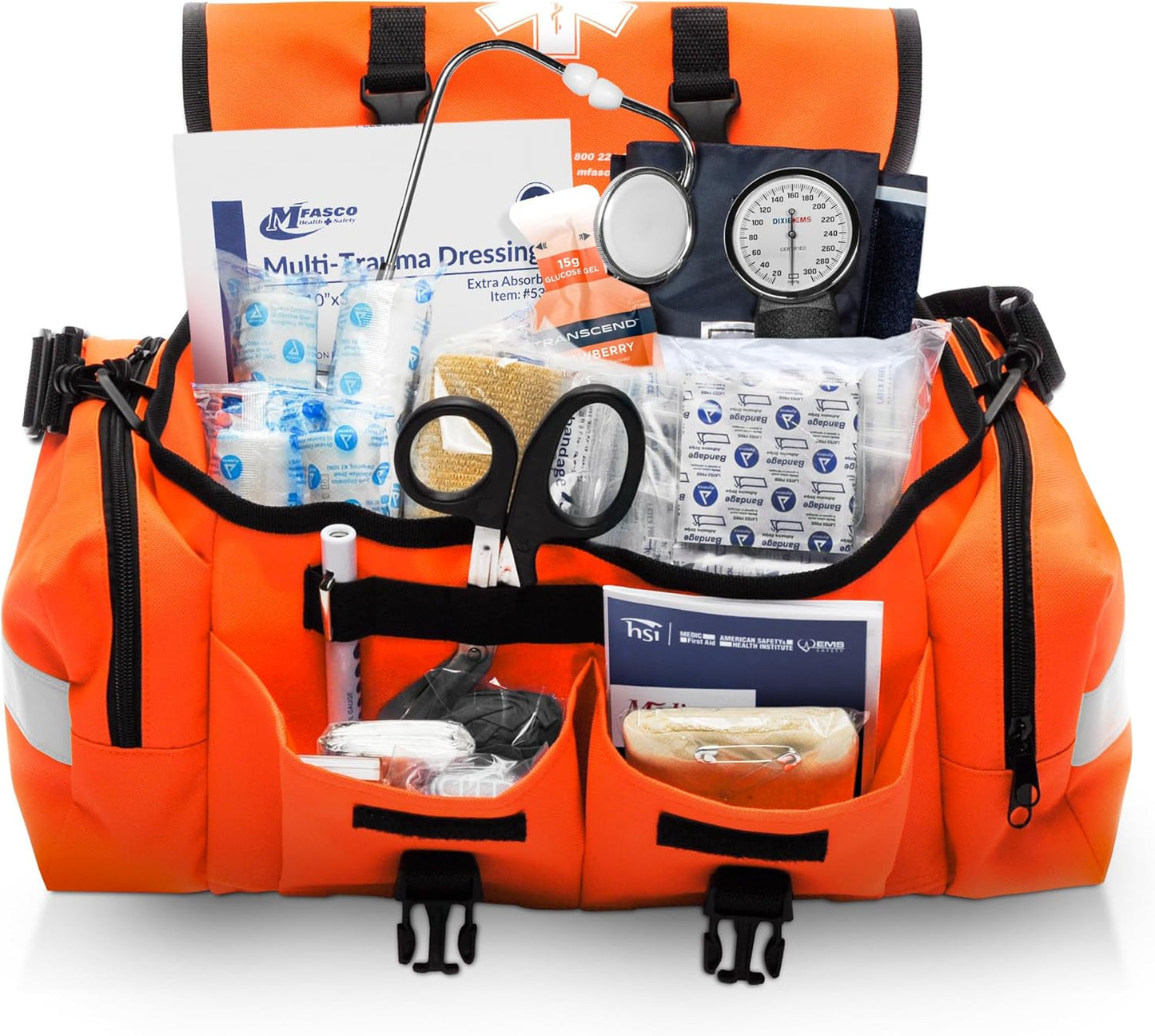 MFASCO First Aid Kit - Fully Stocked Portable Reflective Bag - First Responder Emergency Response Kit - for Natural Disaster Preparedness - Customizable Storage - Includes 415 Pcs First Aid Supplies