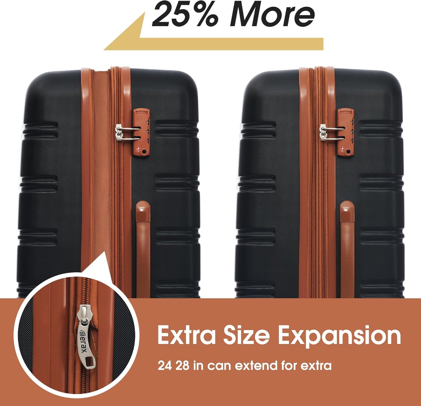 Merax Luggage sets of 3 Piece 20 28 IN Carry on Luggage Hard Case Black and Brown Luggage Expandable Checked Luggage Suitcase Set with Wheels
