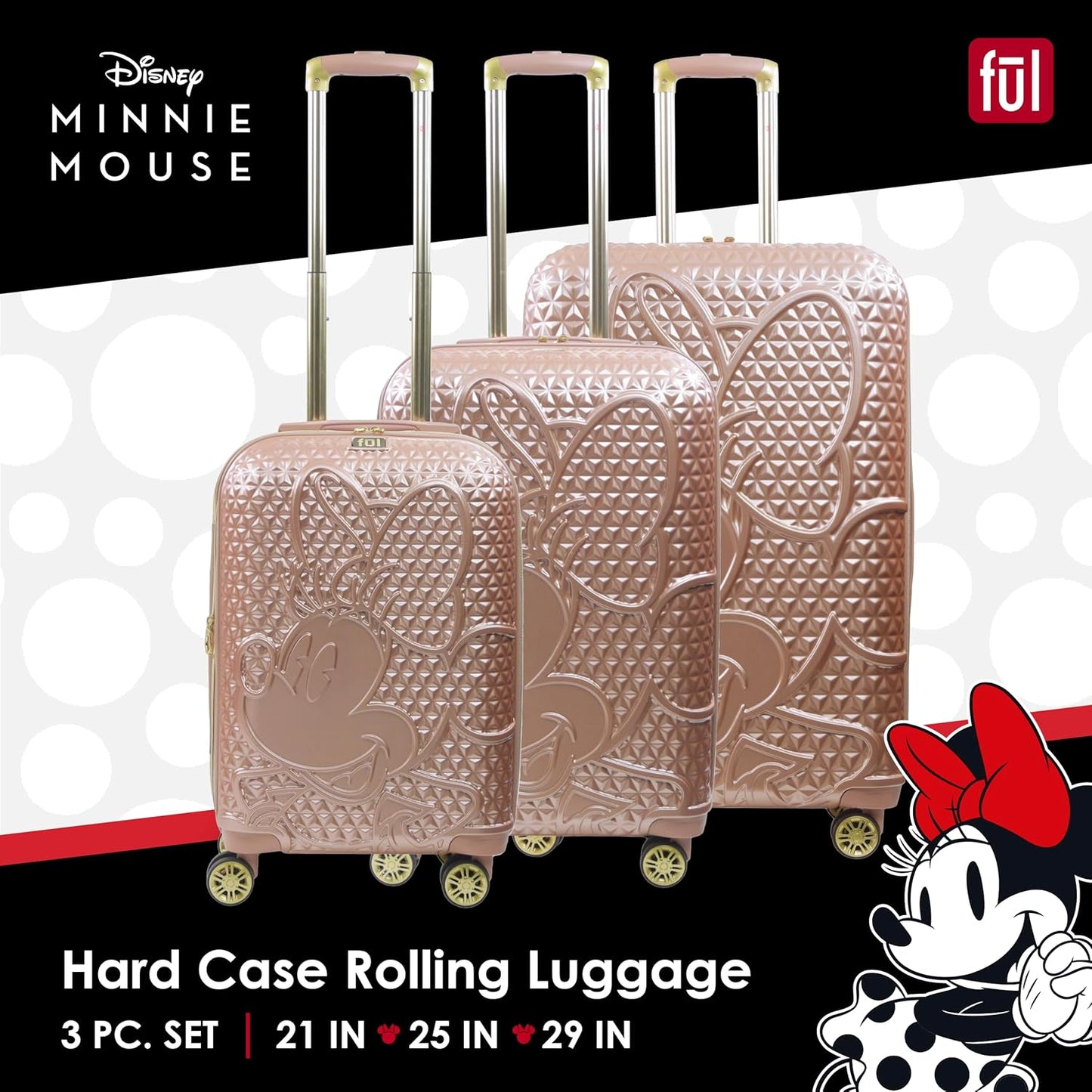 FUL Disney Rolling Luggage, Textured Hardshell Suitcase with Wheels, Minnie Mouse-Rose Gold, 3 Piece Set