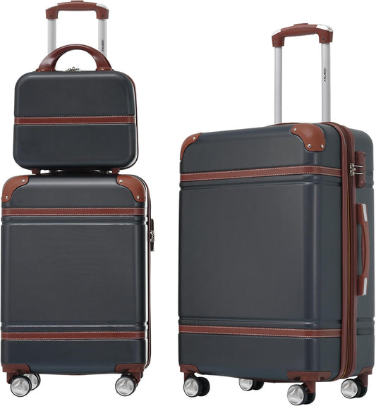 Merax Luggage Set 2 Piece Suitcase Set with Cosmetic Case Expandable Spinner Wheels Vintage Luggage Sets(Black,20"+24")