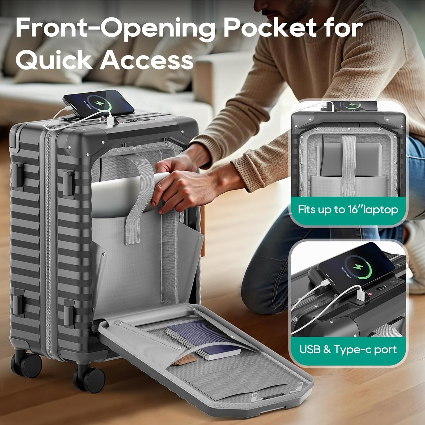 Joyway 20 Inch Carry on Luggage with Front Pocket, PC Hardshell Carry-on Suitcase with USB Port and Cup Holder, 21.5x14.2x9 Airline Approved, Luggage with Spinner Wheels and TSA Lock (Grey)