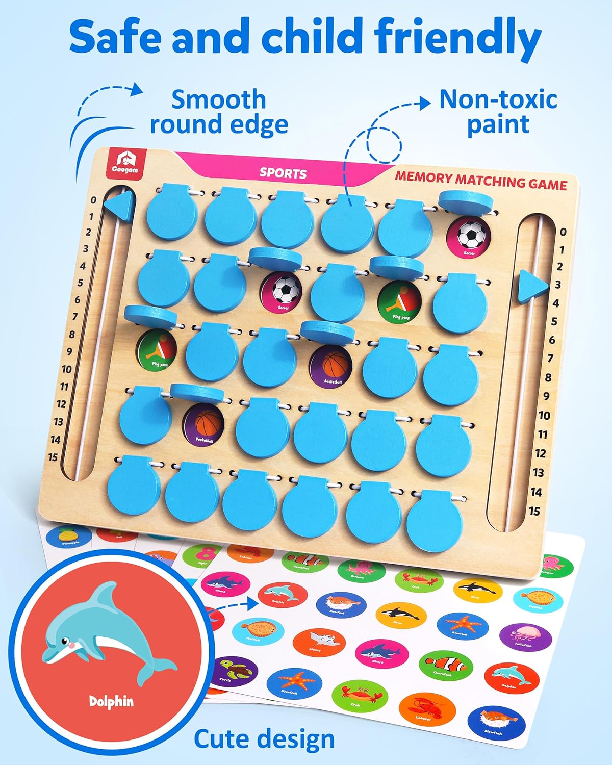 Coogam Memory Matching Game, Wooden Board Travel Toy with Memory Cards, Essential Activity for Road Trip Airplane/Car/Camping, Fine Motor Educational Gift Toy for 3 4 5 Year Old Kids