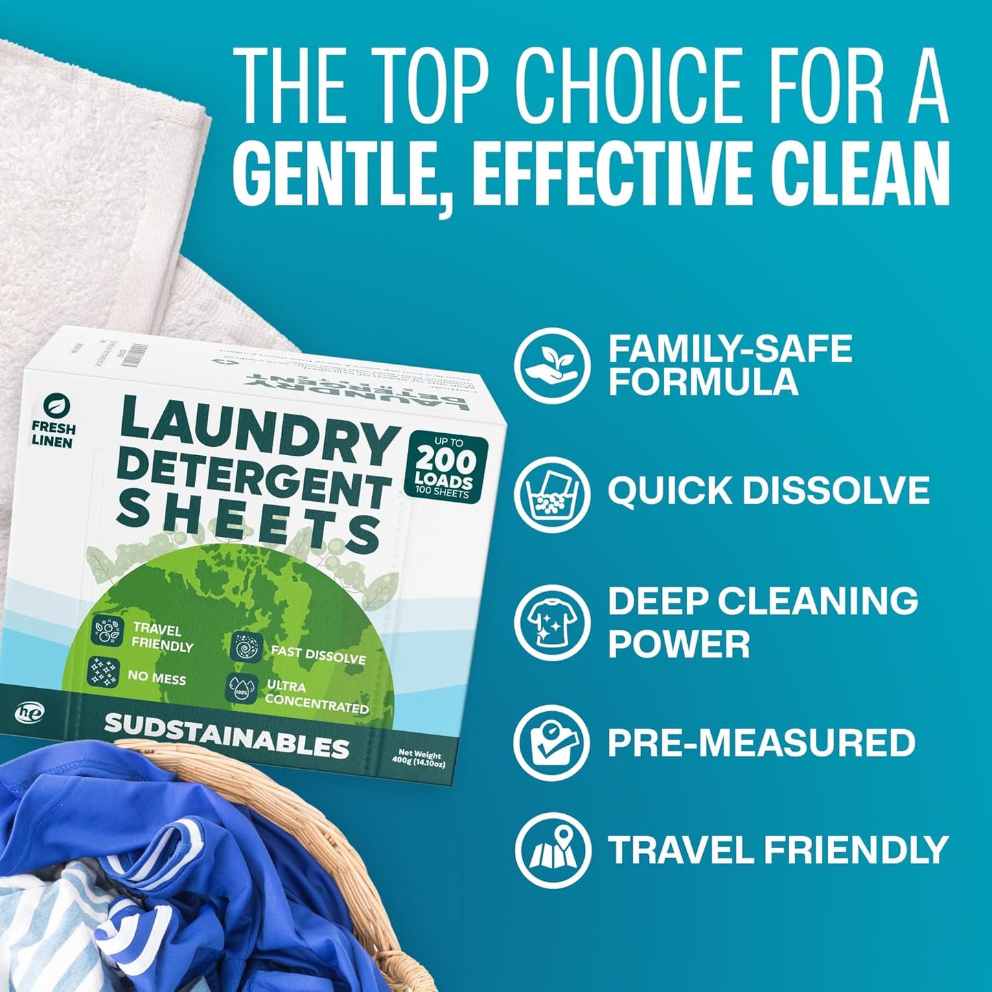 Sudstainables Laundry Detergent Sheets 200 Loads – Dissolvable Laundry Sheet for Washing Machines, Compact Alternative to Liquid & Powder Detergent, Travel-Friendly Soap | Fresh Linen