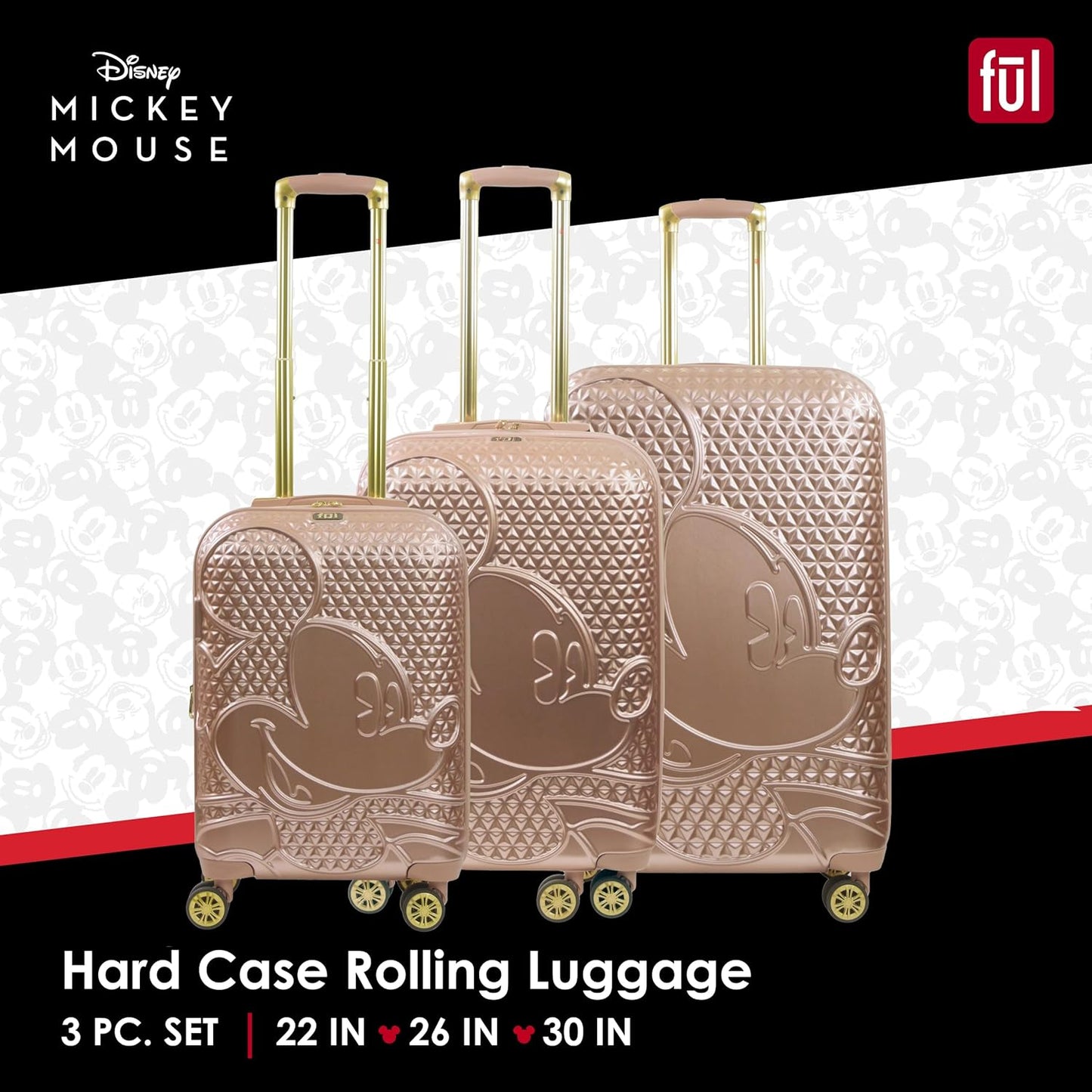 FUL Disney 3 Piece Rolling Luggage Set, Hardshell Suitcases with Spinner Wheels, Mickey Mouse-Rose Gold