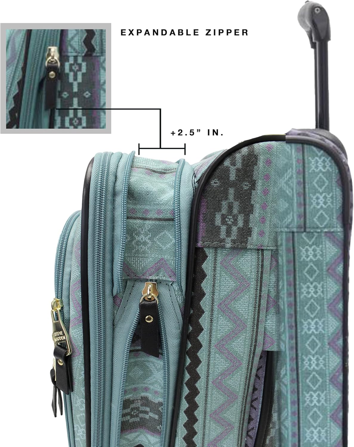 Steve Madden Designer-Gepckkollektion Leichter Softside-Koffer fr Damen und Herren strapazierfhige 50,8 cm groe Tragetasche mit 4 rollenden Spinner-Rdern, Legends Turquoise, 20in, Carry on Bag With