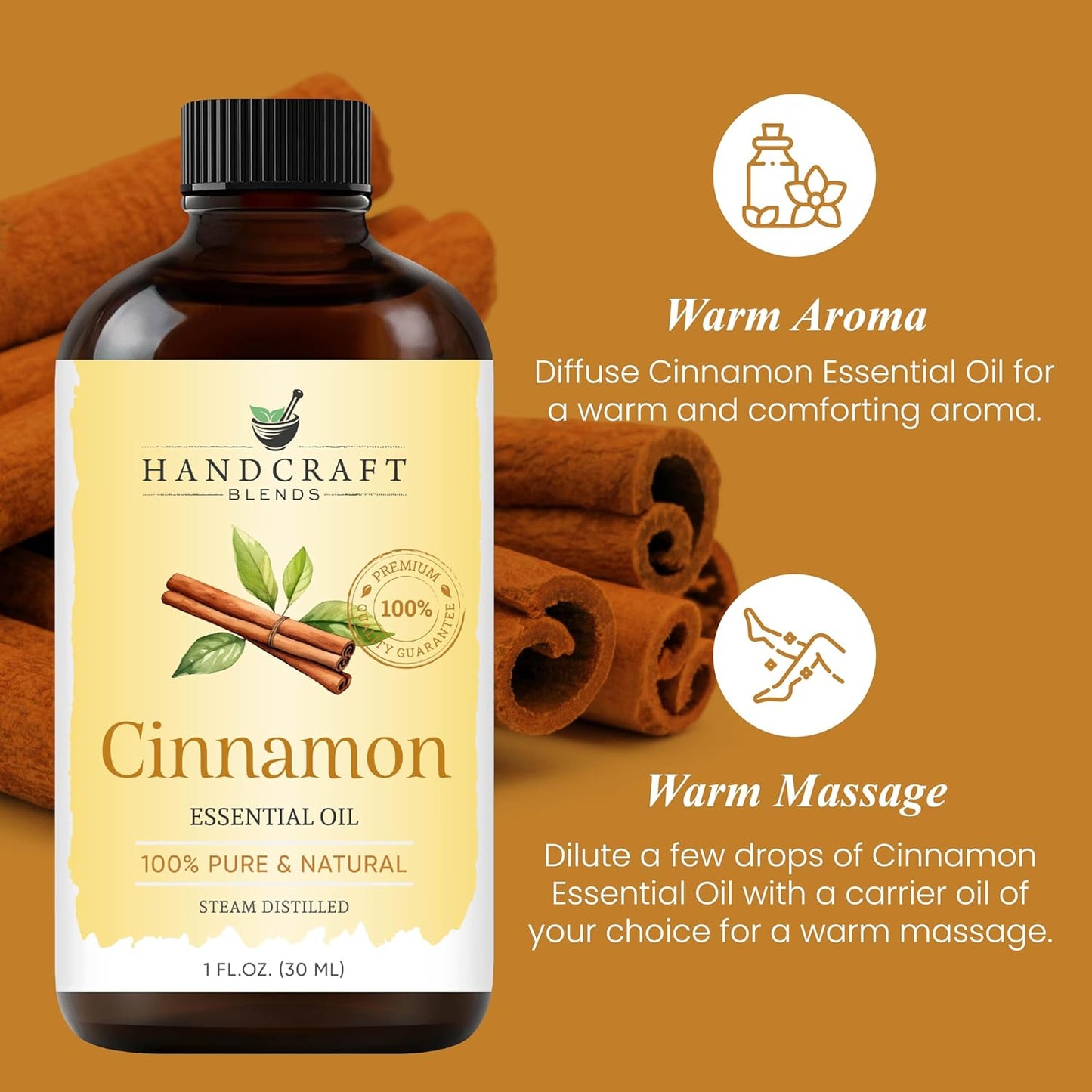 Handcraft Blends Cinnamon Essential Oil – 1 Fl Oz – 100% Pure and Natural – Premium Grade Essential Oil for Diffuser and Aromatherapy, Skin, Massage, Candle and Soap Making Fragrance