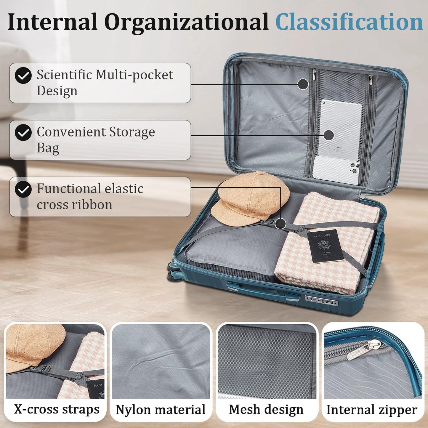 4-Piece Expandable Hardshell Luggage Set with TSA Lock (14/20/24/28) - Lightweight PP Suitcases, 360° Silent Spinner Wheels and Durable 100LB Handle for Air Travel (Peacock Blue)