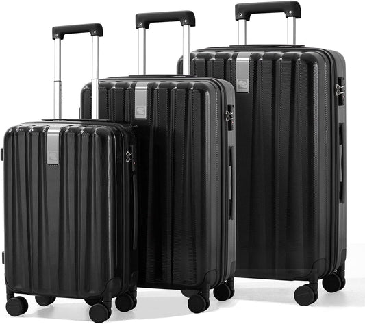 Hanke Luggage Sets 3 piece Carry On Luggage with Wheels PC Hard Shell Suitcases Lightweight Checked Travel Luggage Large Travel Suitcase Woman Men 20/24/29 Inch(Jet Black)