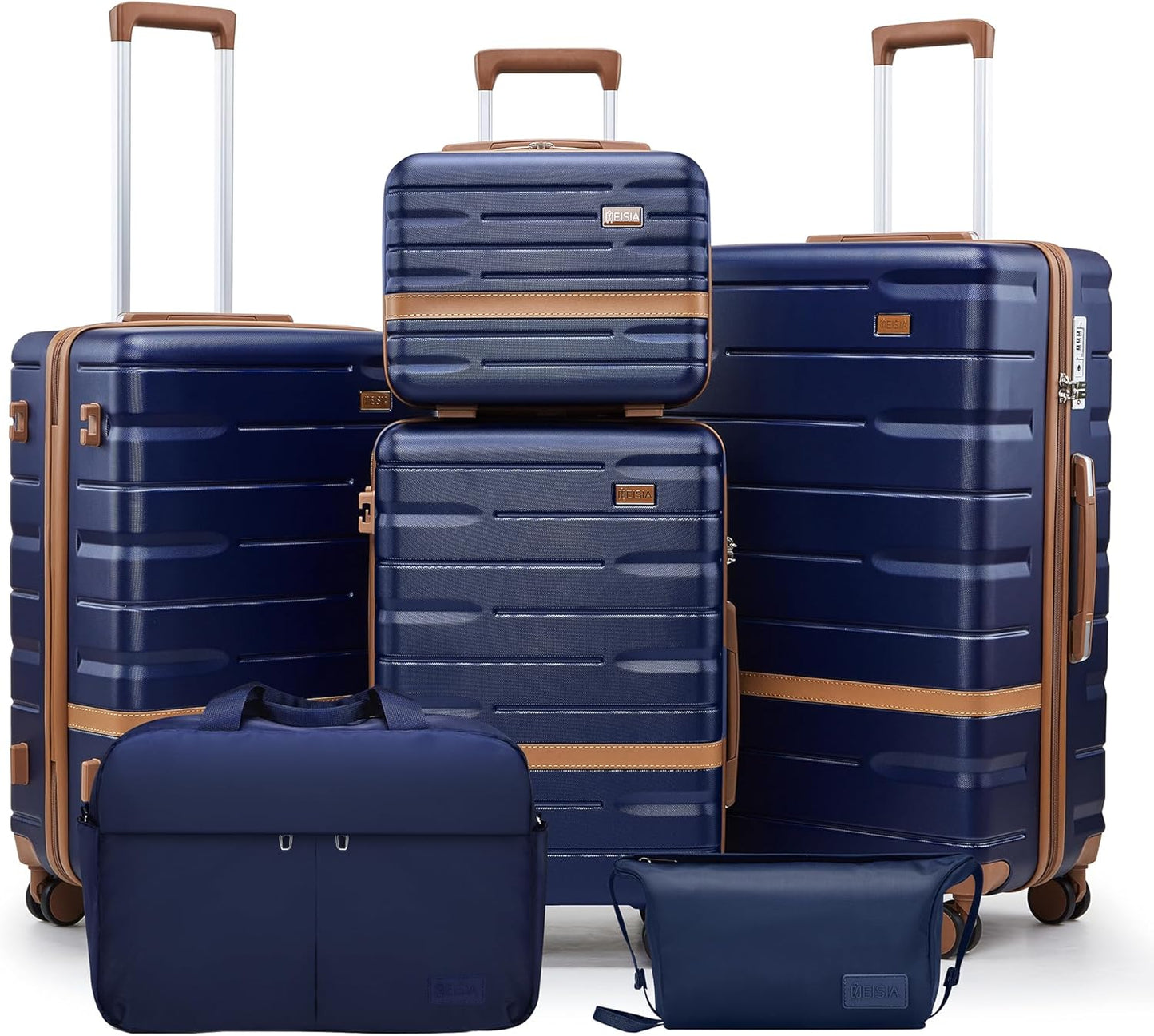 Luggage Sets, Suitcase with Spinner Wheels, PC+ABS Hardshell Travel Luggage Set with TSA Locks,Lightweight Rolling Luggage，Carry on suitcase with YKK Zippers(Navy, 6 piece set(14/20/24/28/DB/TB))
