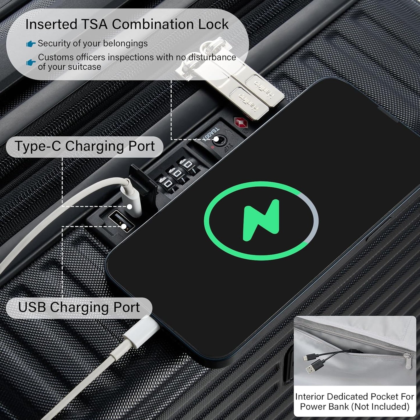 Hard Shell Suitcases Airline Approved 20 Inch Carry on Luggage with Wheels, Expandable Travel Luggage with Cup Holder Charger Built in Lightweight Small Suitcase, Black