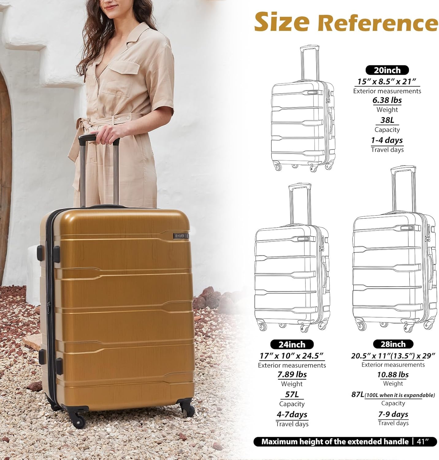 Coolife Luggage PC+ABS Hardshell Suitcase with TSA Lock, Spinner Carry On Lightweight (Black brown, 20in)