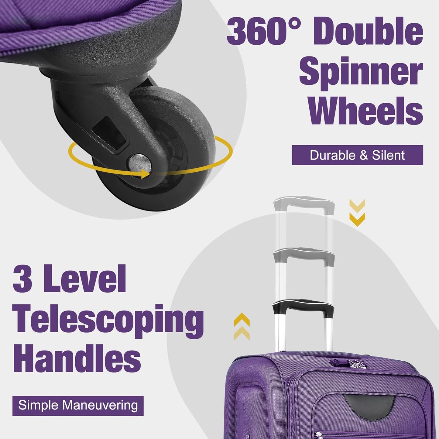 Merax Softside Luggage Set 3 Piece Suitcase with Duffel Bag Spinner Wheels Lightweight Expandable Travel Luggage 22" 26" 30",Purple