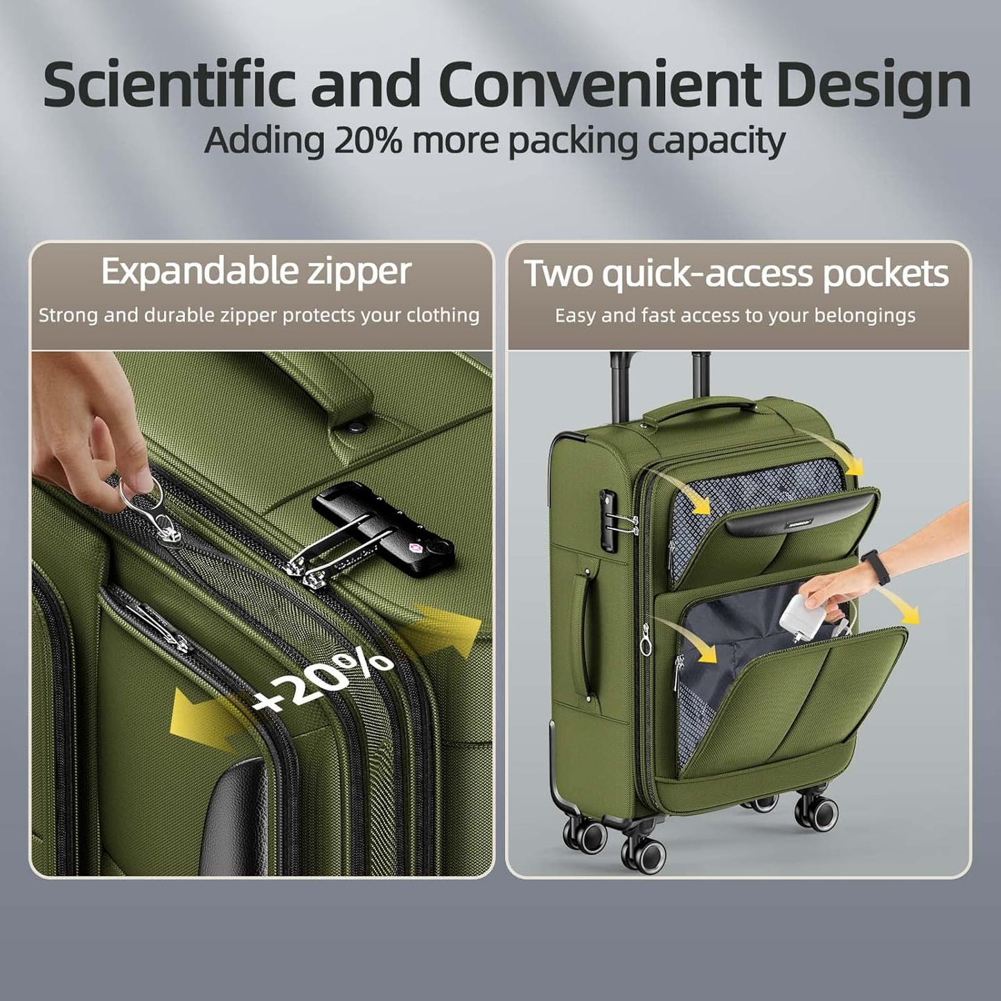 SHOWKOO Luggage Sets 3 Piece Softside Expandable Lightweight Durable Suitcase Sets Double Spinner Wheels TSA Lock Olive Green (20in/24in/28in)