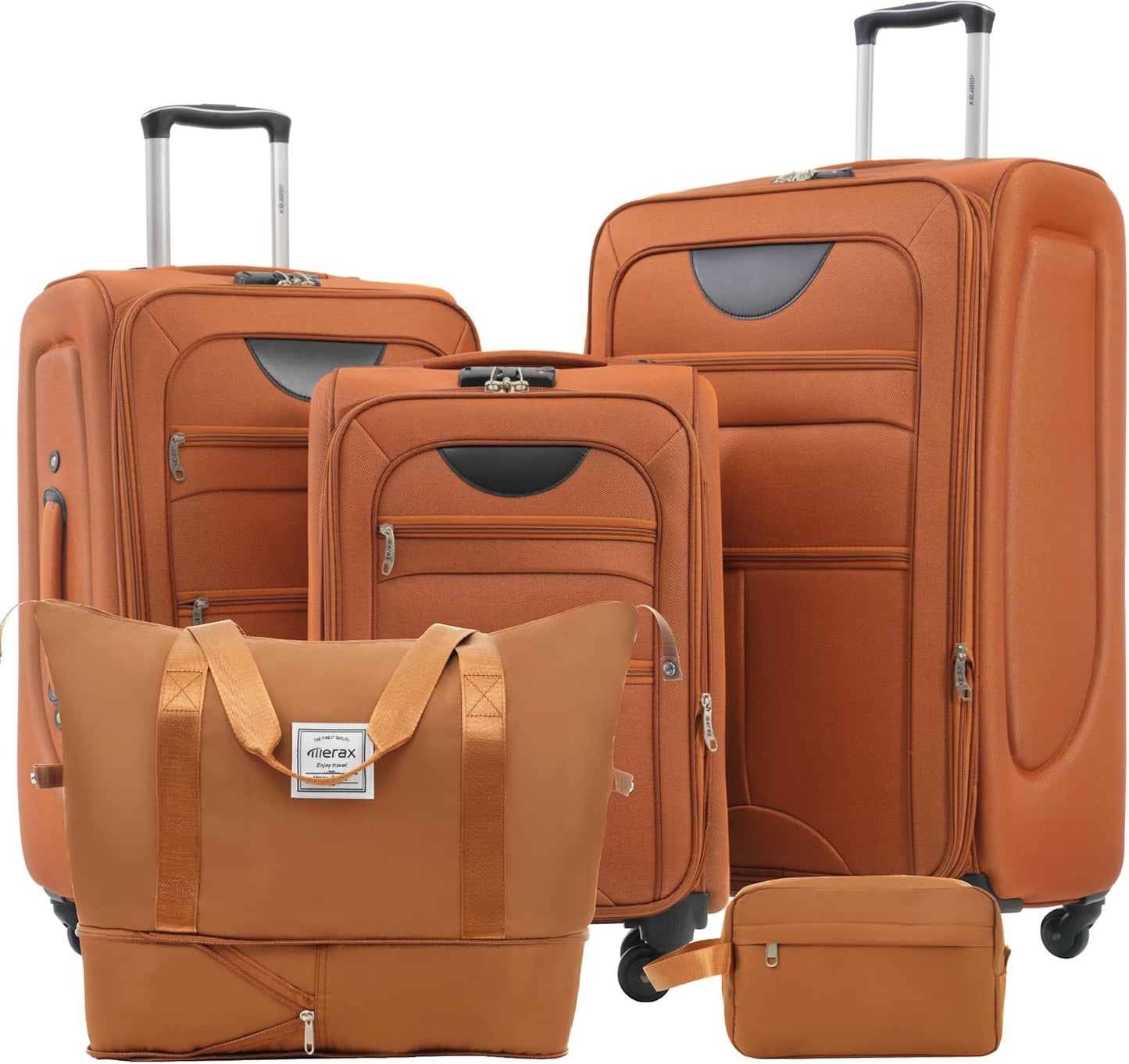 Merax Softside Luggage Set 3 Piece Suitcase with Duffel Bag Spinner Wheels Lightweight Expandable Travel Luggage 22" 26" 30",Orange