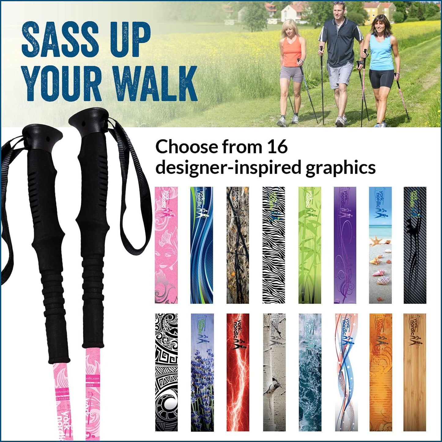 York Nordic Hiking & Walking Poles - Cushion Foam Grips w/Nordic Strap - Lightweight, Adjustable, and Great for Balance -2 Pieces w/Flip Locks, and Travel Bag - Heights 5'4"-6'2"