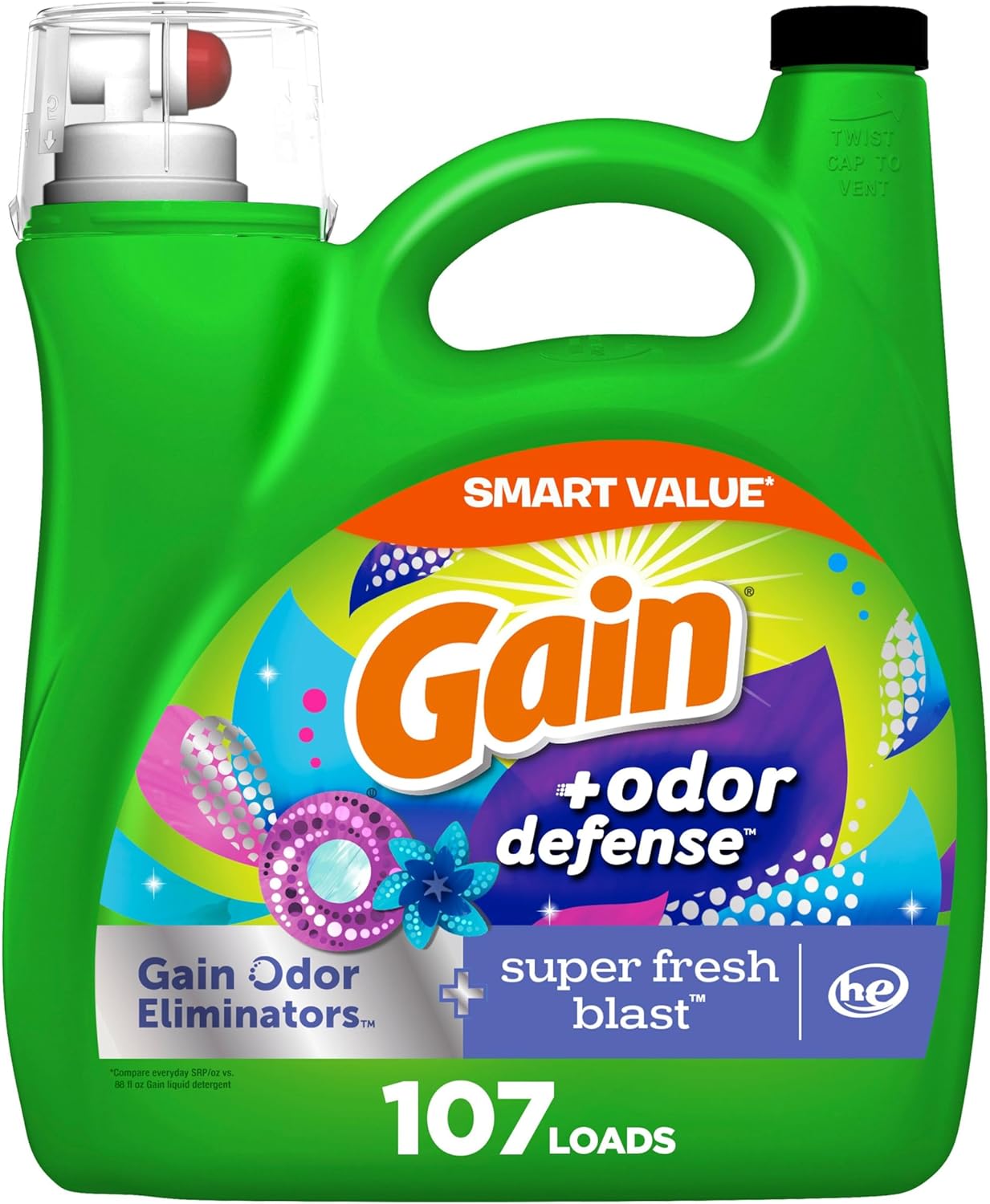 Gain + Odor Defense Liquid Laundry Detergent, Super Fresh Blast Scent, 107 Loads, HE Compatible