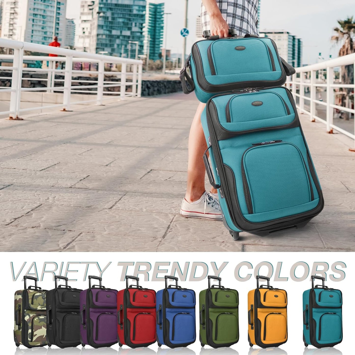 U.S. Traveler, Rio Rugged Fabric Expandable Upright Rolling Carry-on Luggage Set w/Tote Bag, Teal, 2-Piece (21/14)