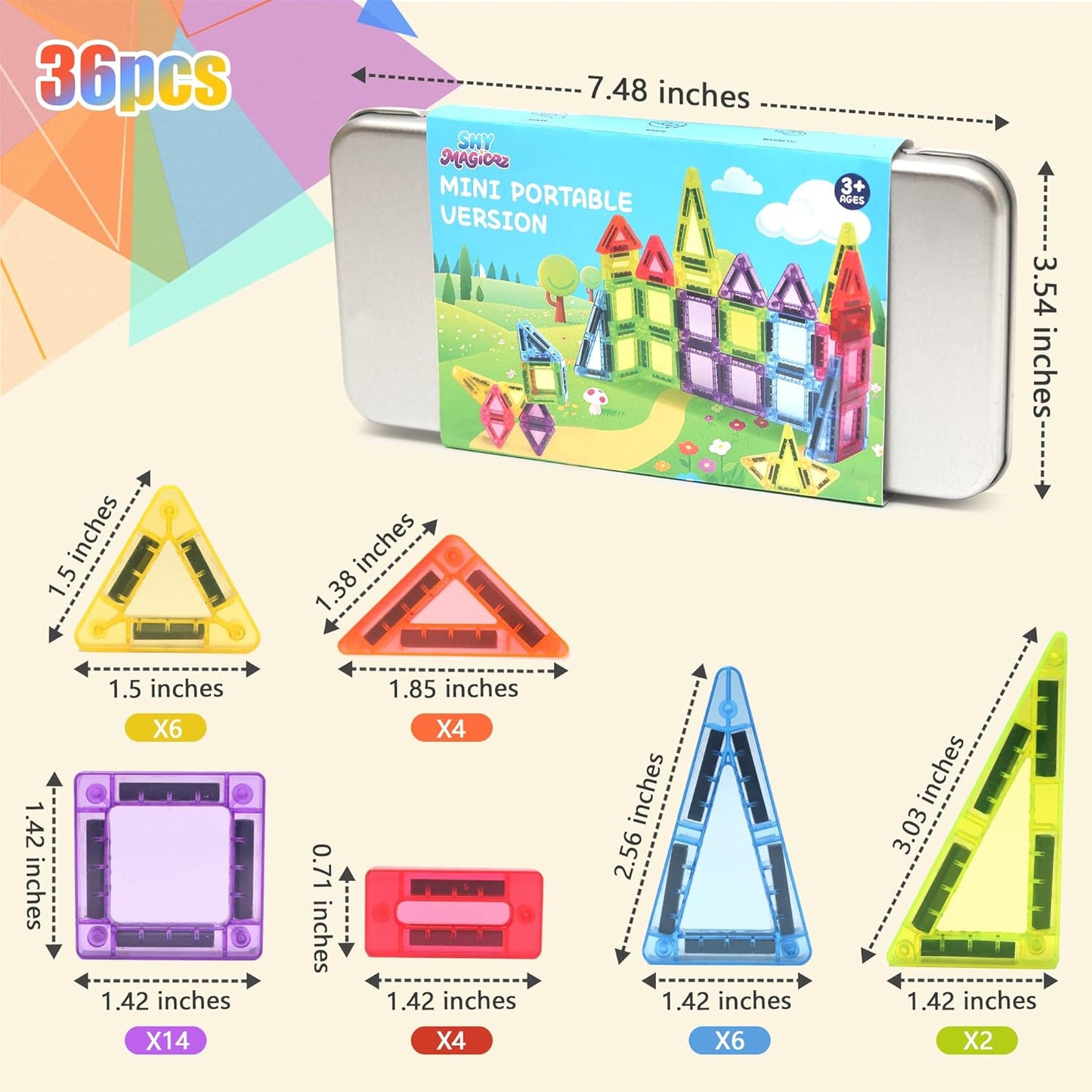 36PCS Mini Magnetic Tiles with Iron Box, Magnetic Building Blocks Travel Size for Kids, STEM Educational Toys Birthday Gifts for 3 4 5 6 7 Year Old Boys Girls Children