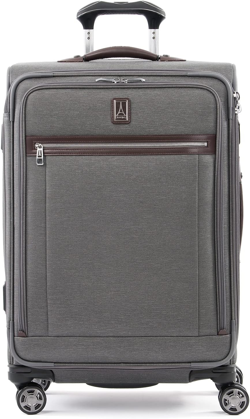 Travelpro Platinum Elite Softside Expandable Checked Luggage, 8 Wheel Spinner Suitcase, TSA Lock, Men and Women, Vintage Grey, Checked Medium 25-Inch