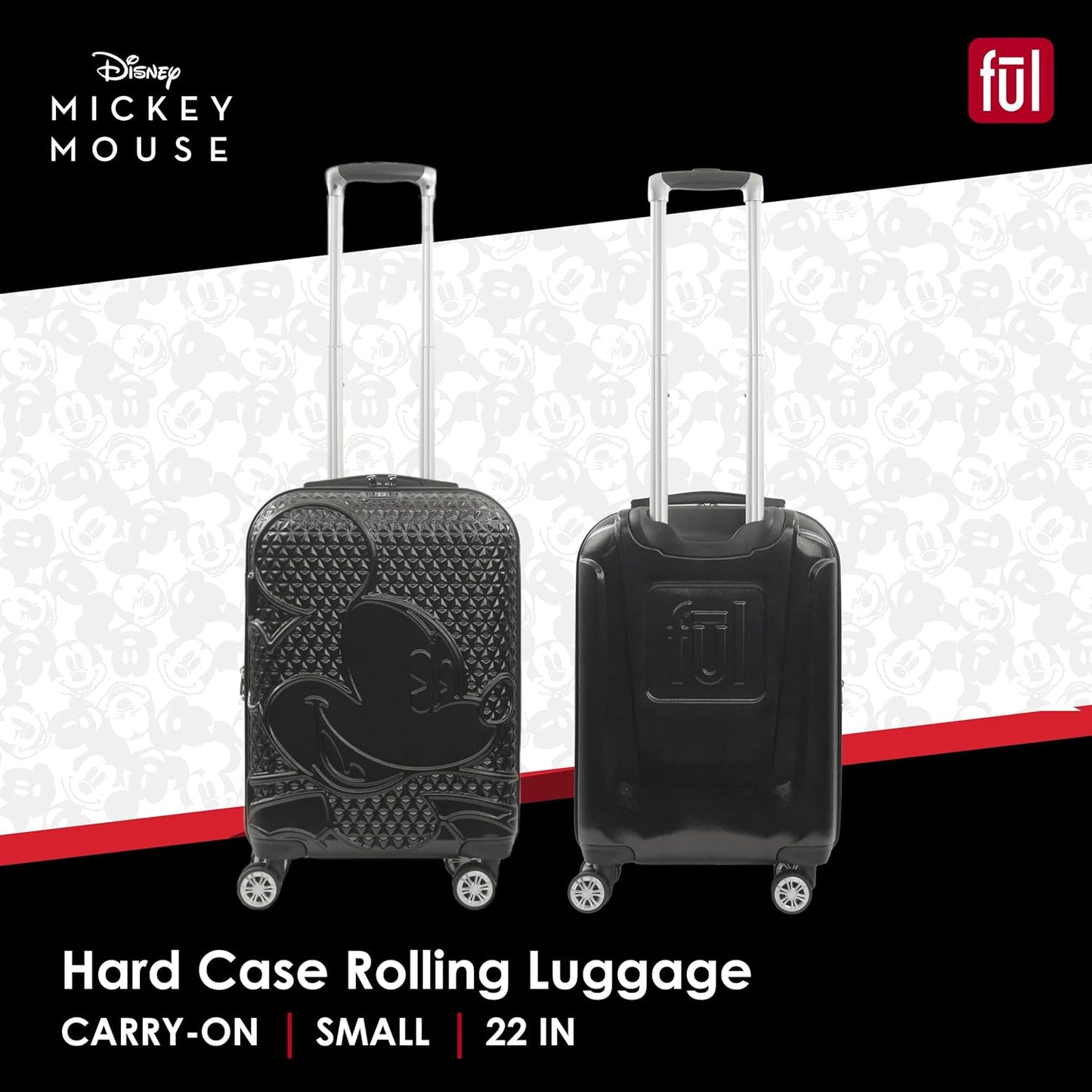 FUL Disney Mickey Mouse 22 Inch Carry On Luggage, Hardshell Rolling Suitcase with Spinner Wheels, Black