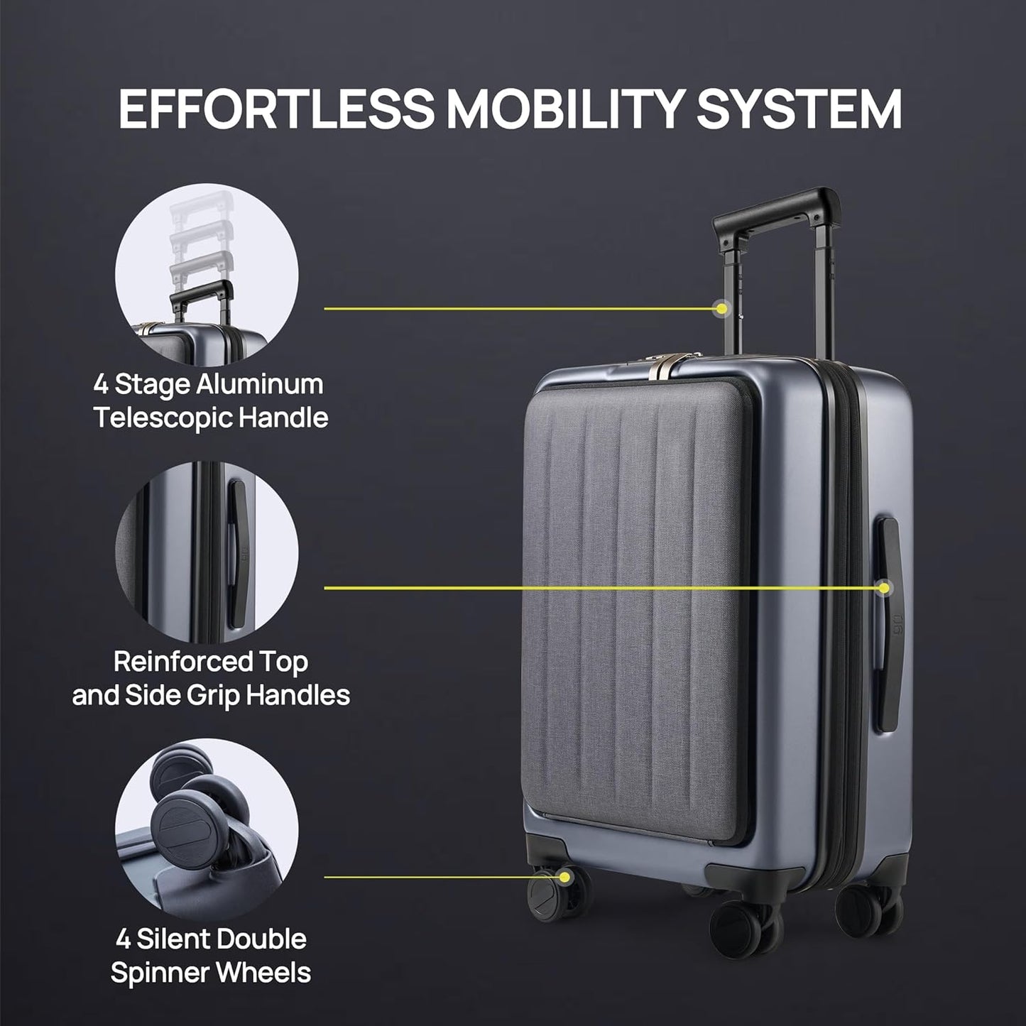 NINETYGO Carry on Luggage 22X14X9 Airline Approved with Front Pocket, 20 Inch Luggage with Front Compartment, Expandable, Double Spinner Wheels, Hardsided PC, TSA Lock (Black, Seine Max)