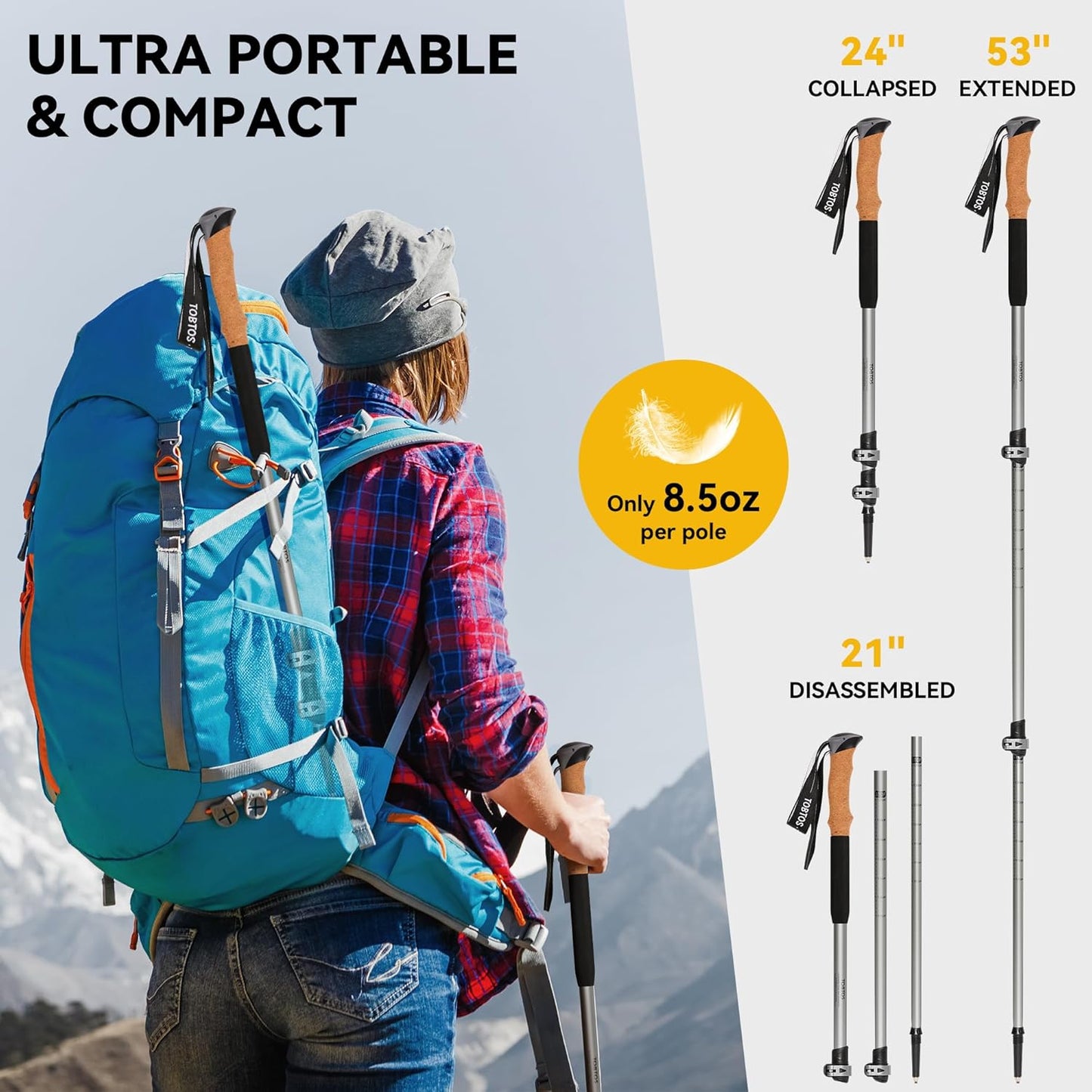 TOBTOS Telescoping Trekking Poles 2 Pack - Adjustable Hiking Sticks & Walking Sticks, 7075 Aluminum with Cork Grips & EVA Handle, Quick Lock Lightweight for Hiking, Walking, Camping
