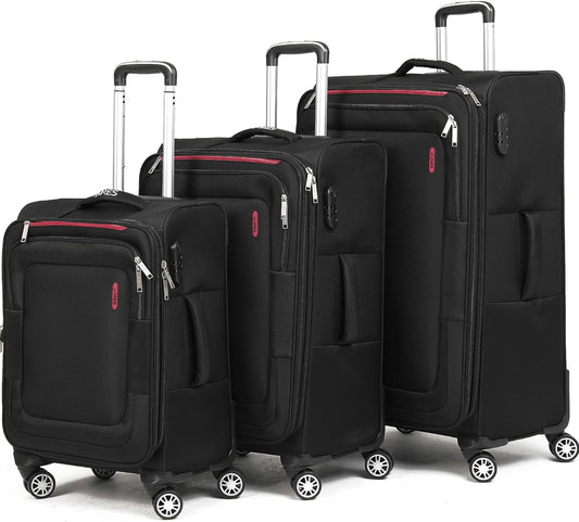 Softside Luggage Sets, Extra Large Expandable Suitcase Sets With Spinner Wheels and Combination Lock Red Luggage For Long Time Overseas Journey(Black) 22inch, 26inch, 30inch