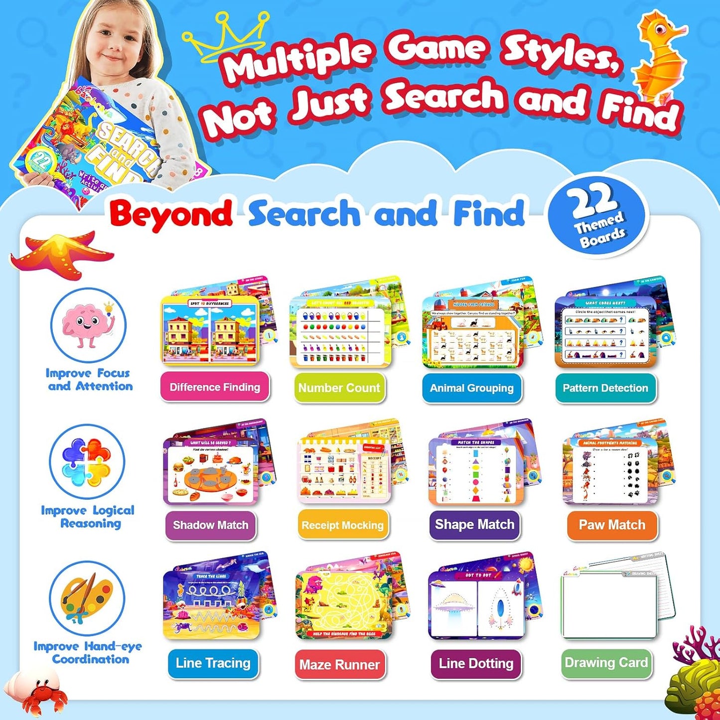 Search and Find Game Books - Preschool Learning Activities for Kids Age 3-8, Travel Games for or Road Trip Car Airplane, Educational Seek Activity Birthday Gifts for Boys and Girls