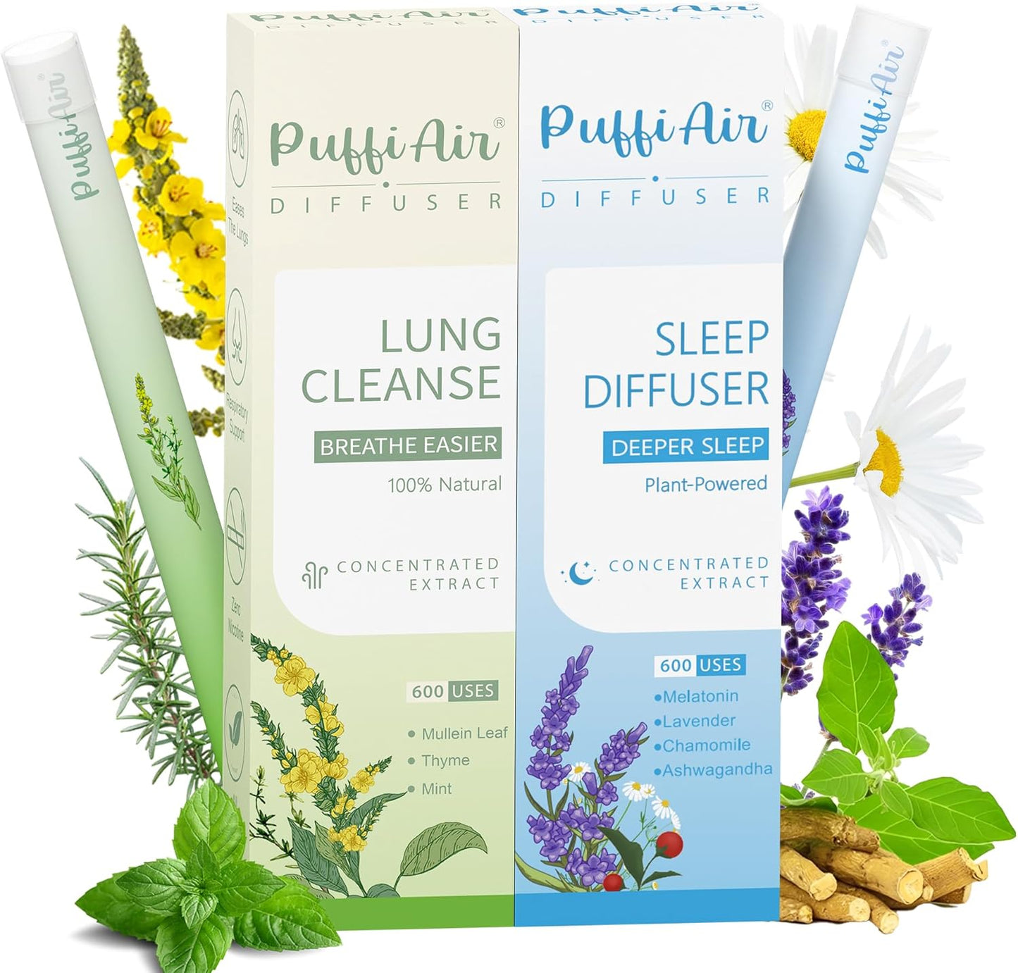 Herbal Diffuser Duo with Mullein, Melatonin & More丨Night & Day Relax Duo for Fresh Breath & Calm Sleep Support - 600 Uses Per Stick