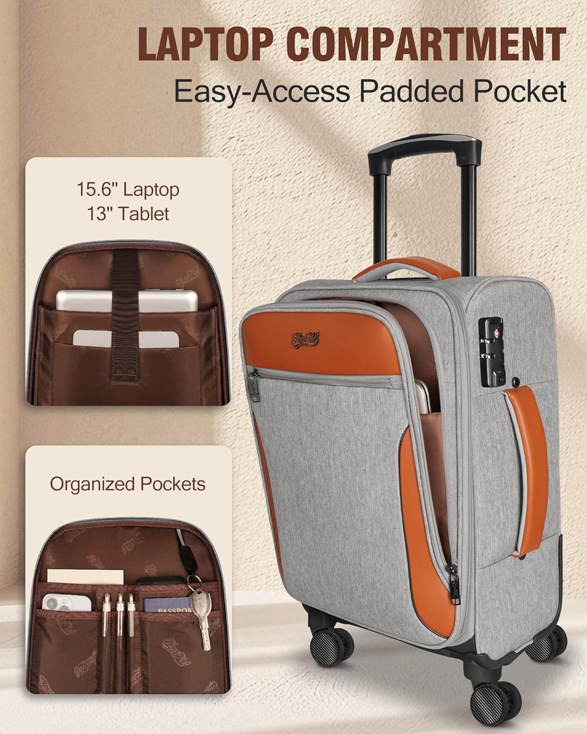 Carry On Luggage 22x14x9 Airline Approved, 20 Inch Softside Suitcase with 4 Pcs, Lightweight Luggage for Women Men with TSA Lock and 4 Spinner Wheels, Soft Side Carry-on Suitcases for Travel, Grey