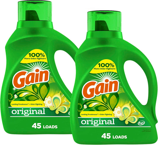 Gain Liquid Laundry Detergent, Original Scent, 65 fl oz x 2, 45 x 2 loads, Freshness + Odor Fighting, High efficiency washing machine iquid cleaning soap