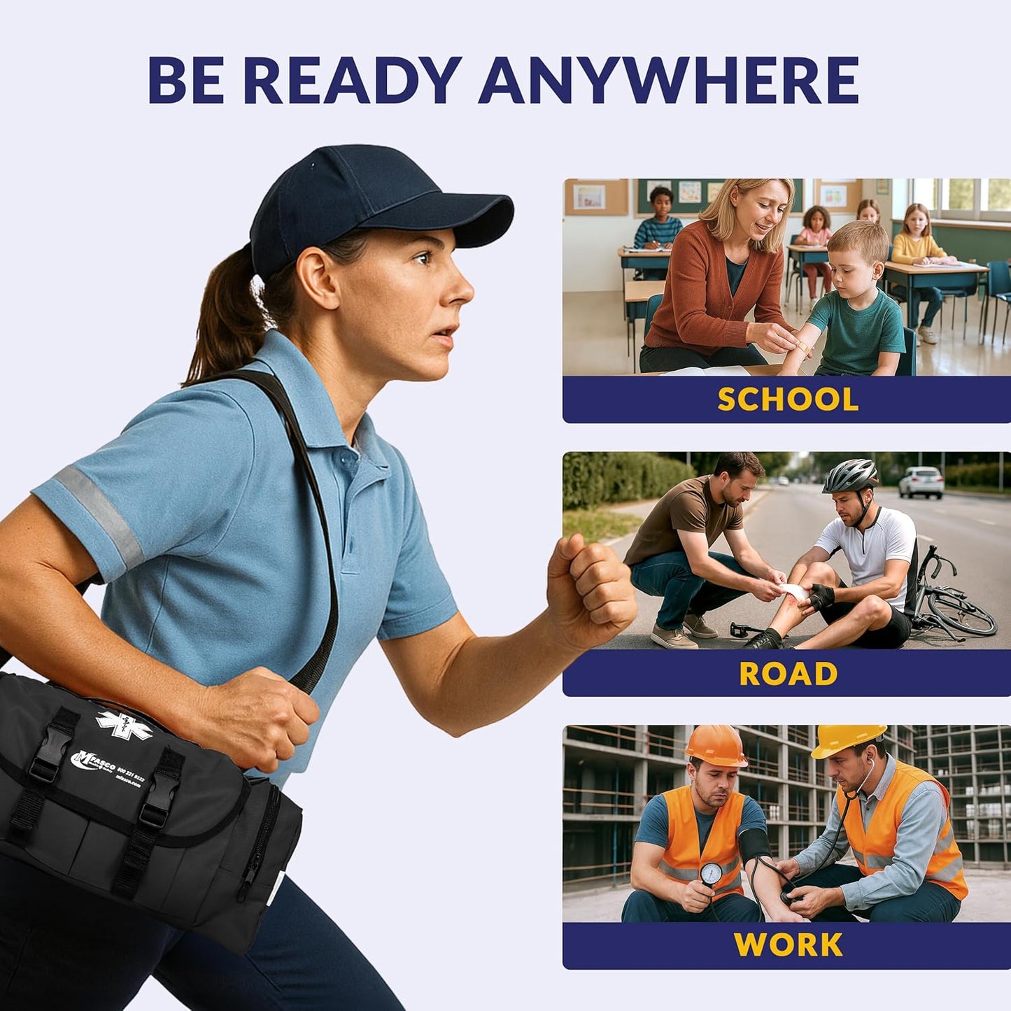 MFASCO First Aid Kit - Fully Stocked Portable Reflective Bag -First Responder Emergency Response Kit-for Natural Disaster Preparedness-Customizable Storage-Includes 415 Pcs First Aid Supplies-Black