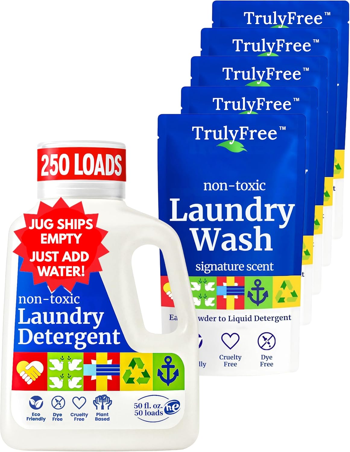 Truly Free Natural Laundry Detergent for Sensitive Skin | Eco Friendly, Plant Based, Baby Clothes Safe | Clean & Easy Powder to Liquid, 5 Pack Detergent + 1 Refillable Jug | Signature Scent 250 Loads
