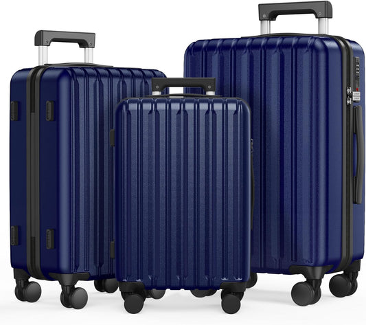 SHOWKOO Luggage Sets 3 Piece 100% PC Ultra Tough Hardside Expandable Suitcases Sets with TSA Lock Double Spinner Wheels (20in/24in/28in, Blue