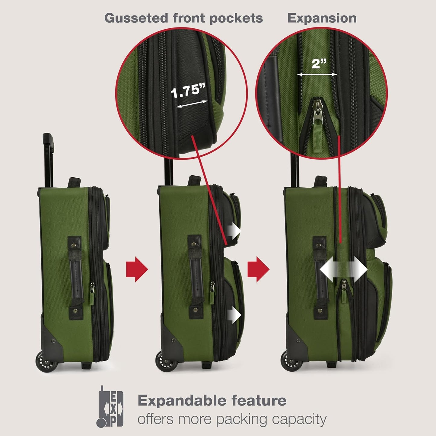 U.S. Traveler, Rio Rugged Fabric Expandable Upright Rolling Carry-on Luggage Set w/ Tote Bag, Green, 2-Piece (21/14)