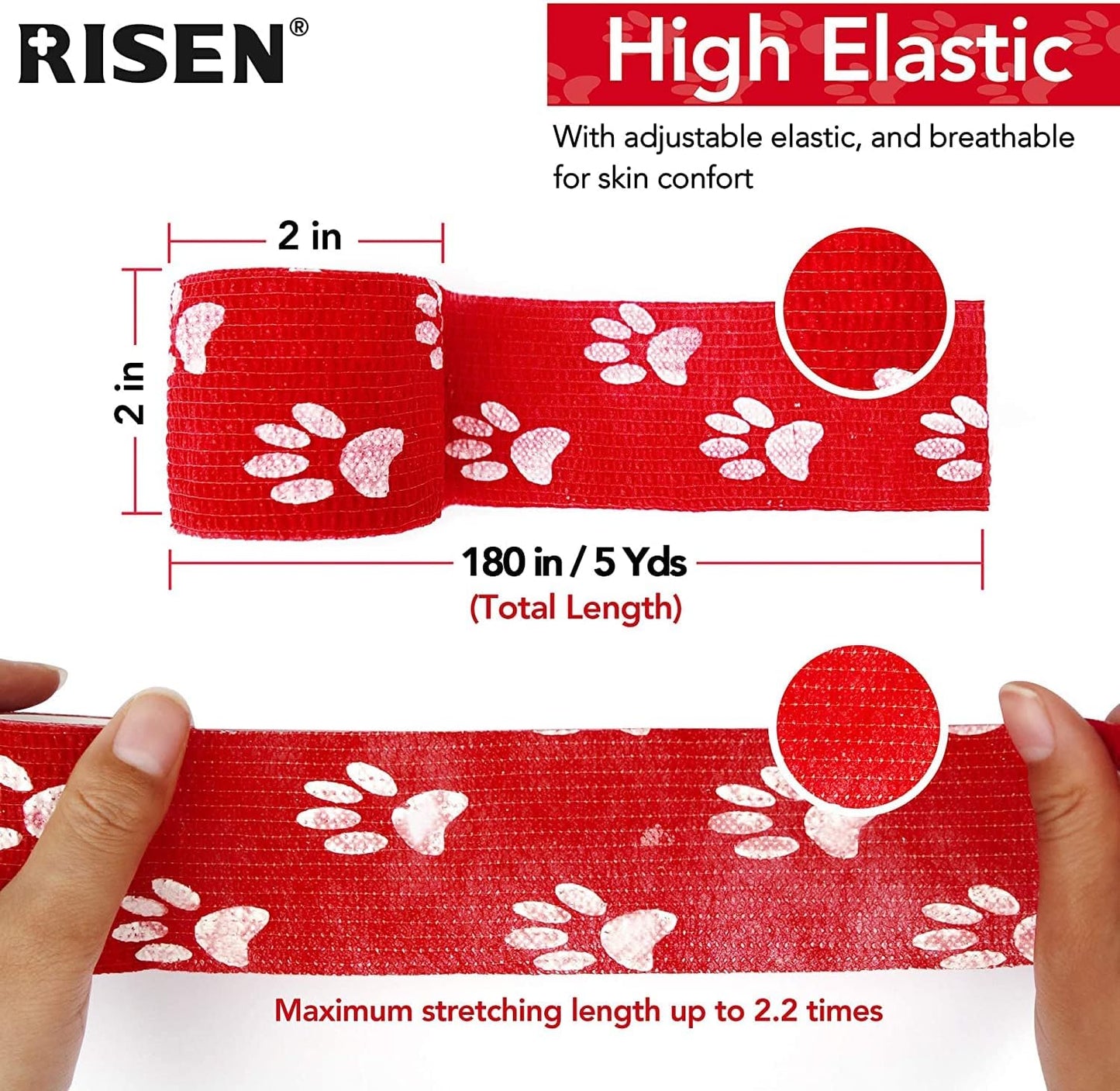 RISEN Cohesive Bandage 2” x 5 Yards, 6 Rolls, Self Adherent Wrap Medical Tape, Adhesive Flexible Breathable First Aid Gauze Ideal for Stretch Athletic