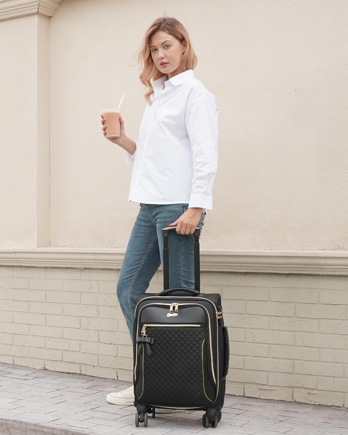 Carry On Luggage 22x14x9 Airline Approved, 20 Inch Softside Suitcase with 4 Pcs, Lightweight Luggage for Women with TSA Lock and 4 Spinner Wheels, Soft Side Carry-on Suitcases for Travel, Black