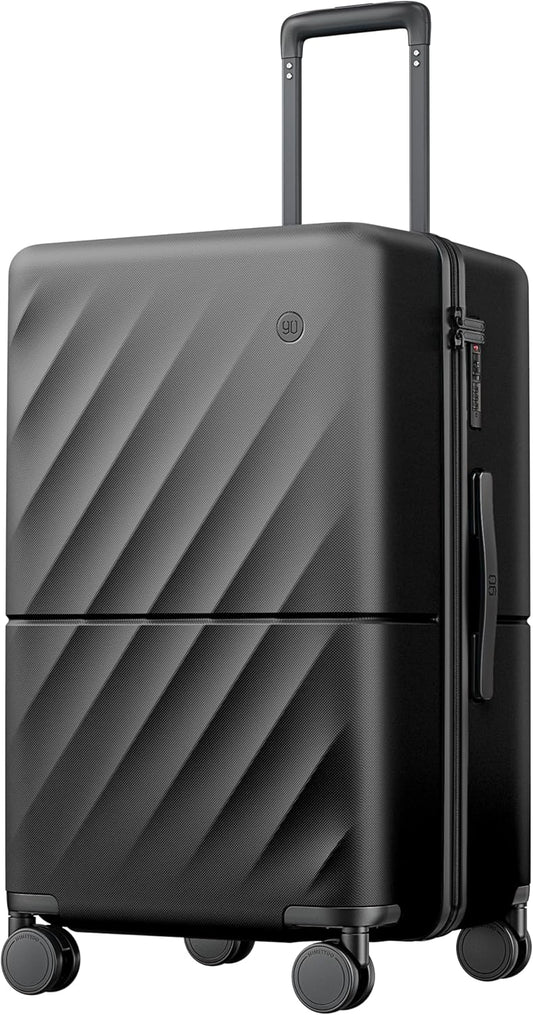 NINETYGO Trunk Luggage 24 Inch, Medium Checked Luggage with Double Spinner Wheels, Anti-Burst Zipper, Hard Case PC Suitcase, Lightweight Travel Luggage, TSA Approved (Onyx Black, Hudson)