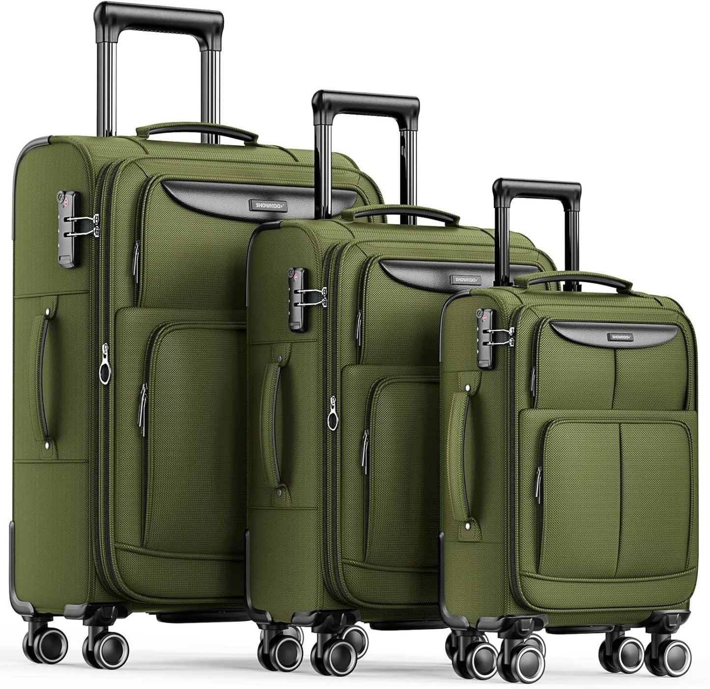 SHOWKOO Luggage Sets 3 Piece Softside Expandable Lightweight Durable Suitcase Sets Double Spinner Wheels TSA Lock Olive Green (20in/24in/28in)