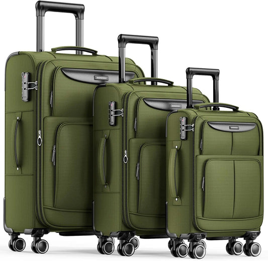 SHOWKOO Luggage Sets 3 Piece Softside Expandable Lightweight Durable Suitcase Sets Double Spinner Wheels TSA Lock Olive Green (20in/24in/28in)