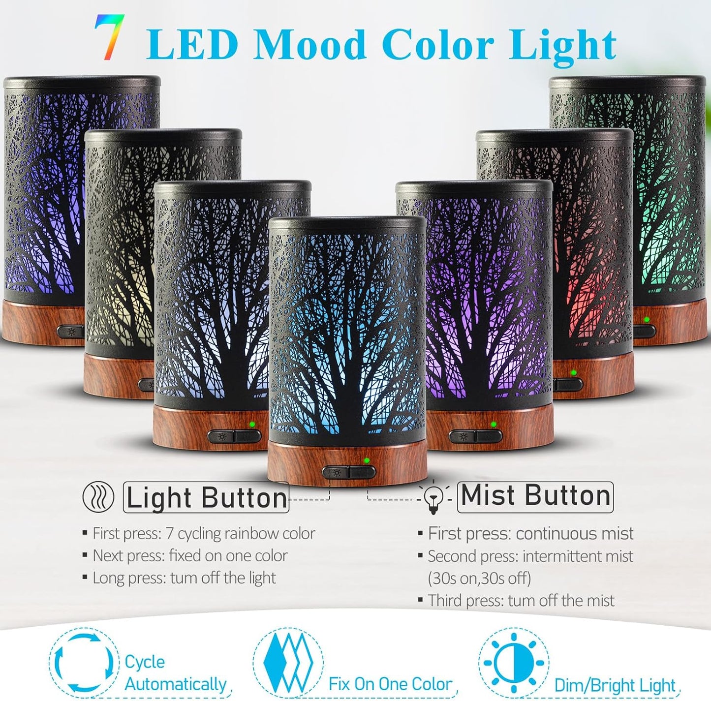 Oil Diffuser & Essential Oils Set - Oil Diffuser 150ml with 6 Essential Oils Set, Aromatherapy Cool Mist Oil Diffusers for Essential Oils, Waterless Auto Shut-Off，7 Colors Night Light,Gifts for Mom